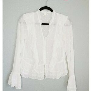 H&M White Women's Eyelet Semi Sheer Flutter Sleeve Button Blouse Size 2